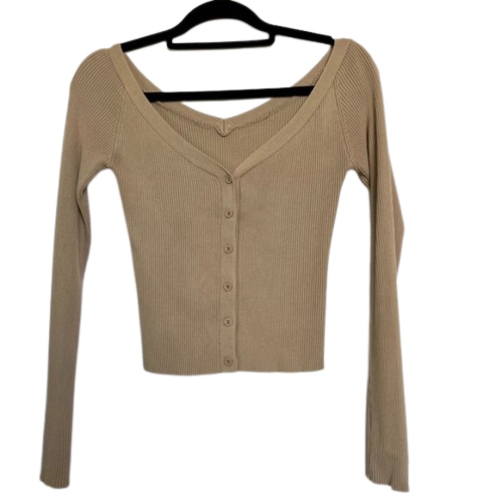 Tan Ribbed Button-Up Women's Top